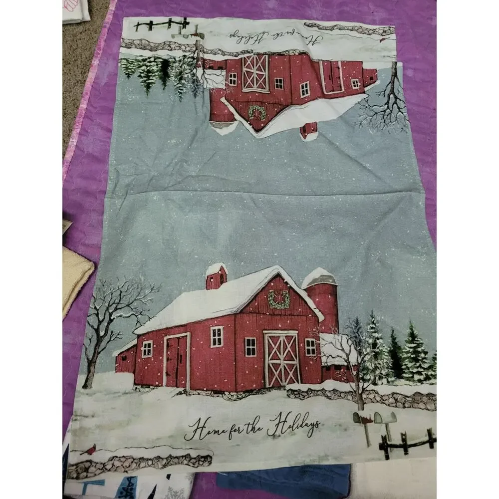 Lot of Christmas Blue WHite Green Tree Snowman Kitchen Towels Bath & Bonus Barn
